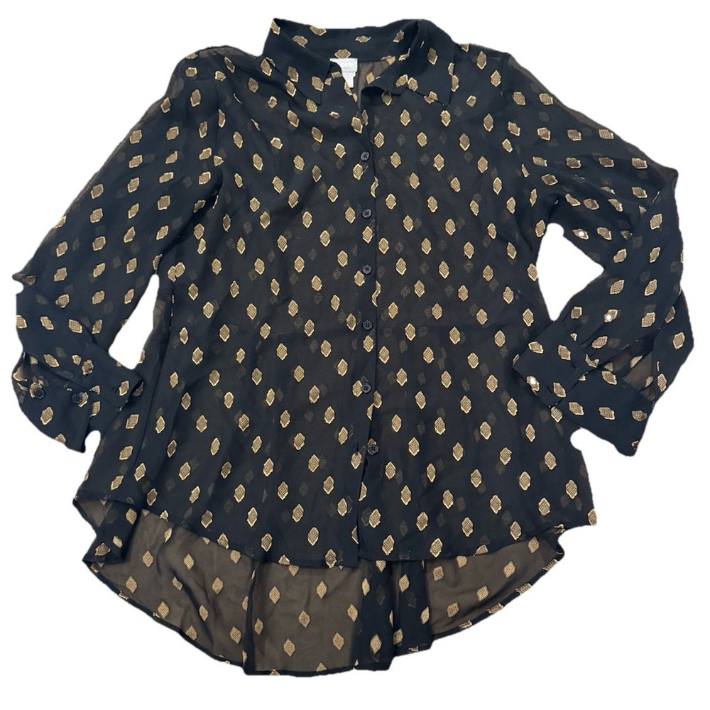 Chicos Black Sheer Chiffon Gold Embroidered Button Up Blouse Size 1 Small 8/10